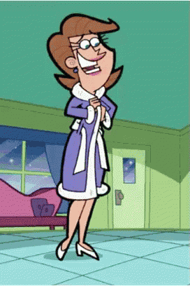 a cartoon of a woman in a purple robe and white shoes