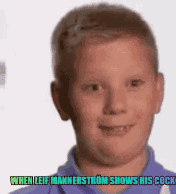 a boy in a blue shirt is smiling with the words when leif mannerstrom shows his cock above him