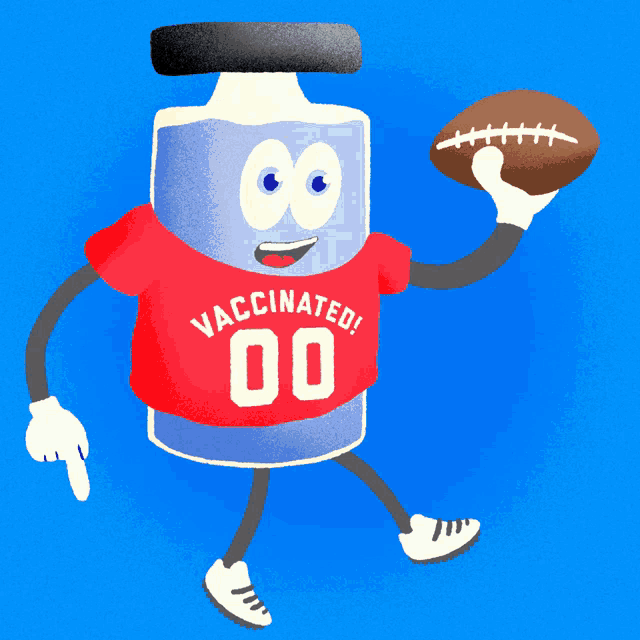 a cartoon drawing of a vaccine holding a football and wearing a shirt that says vaccinated