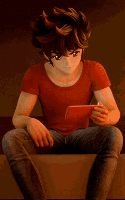 a boy in a red shirt is sitting on a box looking at a tablet
