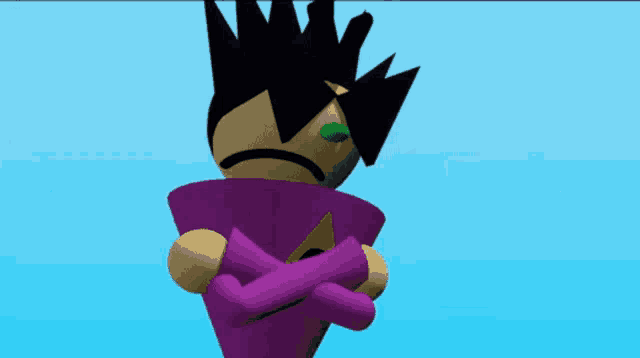 a cartoon character with a sad look on his face is wearing a purple shirt