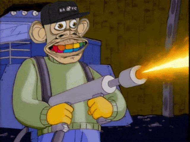 a cartoon character with a hat that says ba & yc is holding a flamethrower