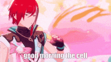 a red haired anime character says good morning the cell in a pink background