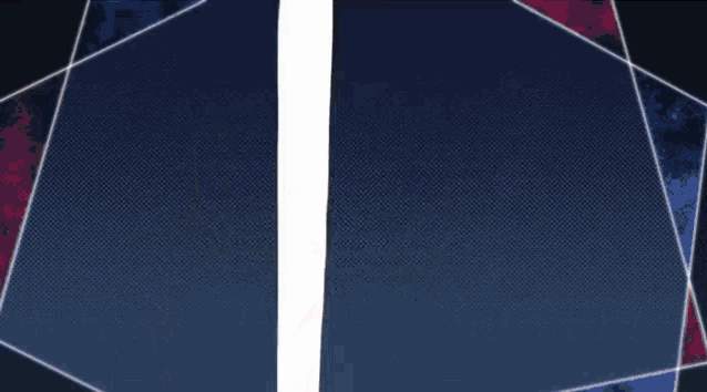a purple and blue geometric background with a pink flame coming out of it .