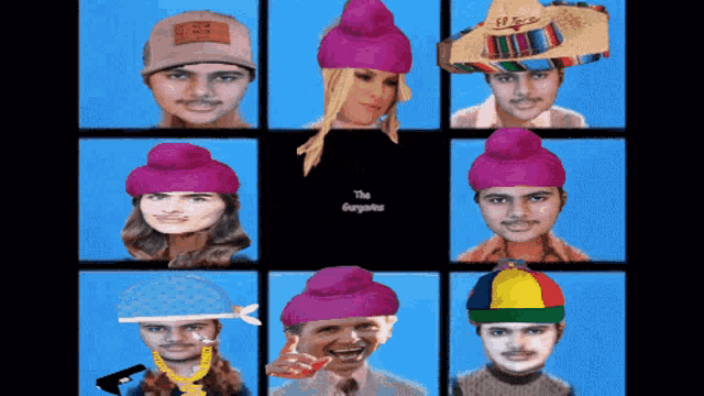 a group of people wearing purple hats with the word the gangsta on the bottom left