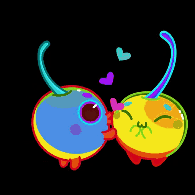 a couple of cartoon characters kissing each other with hearts around them