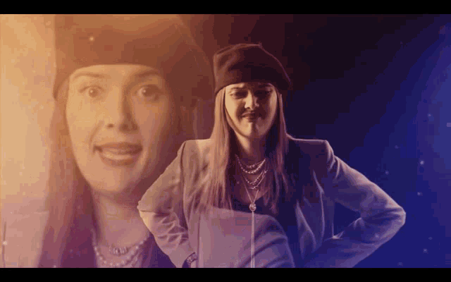 a woman wearing a beret and a pearl necklace stands in front of a mirror