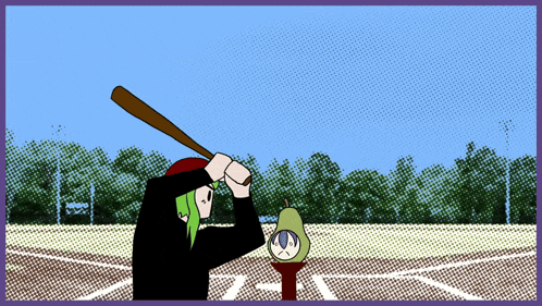 a cartoon drawing of a person holding a bat