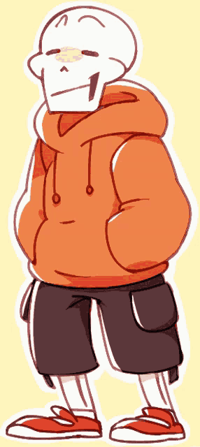 a cartoon drawing of a skeleton wearing a hoodie and shorts
