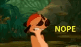 a meerkat from the lion king is making a funny face with the word nope behind him .