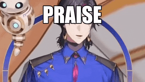 a man in a blue shirt and tie is standing in front of a robot and says `` praise '' .
