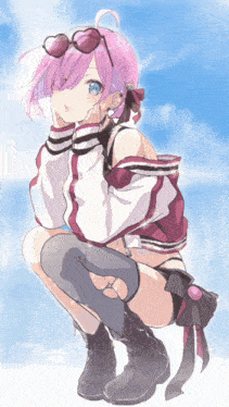 a drawing of a girl with pink hair and sunglasses