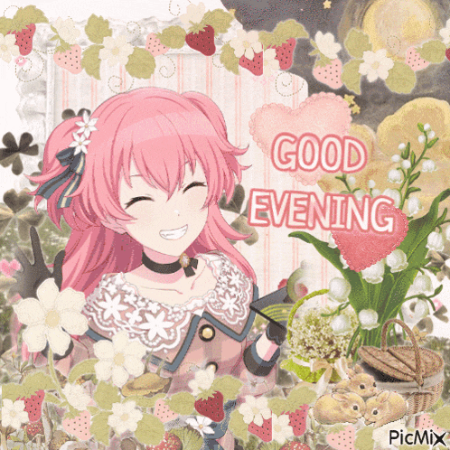 a girl with pink hair is surrounded by flowers and the words good evening