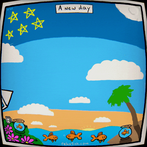a cartoon of a beach with the words a new day