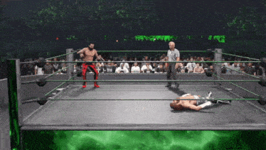 two wrestlers are in a wrestling ring with a referee