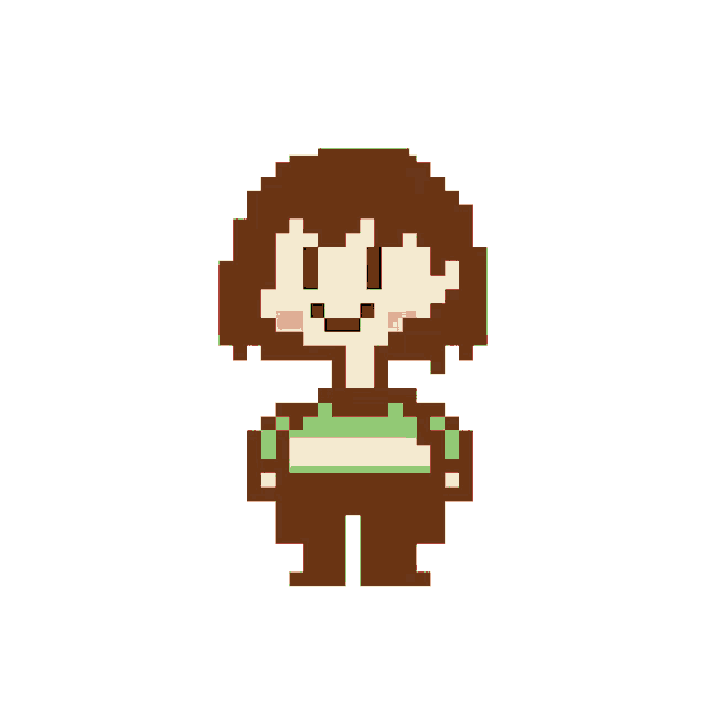 a pixel art of a girl with brown hair and green pants
