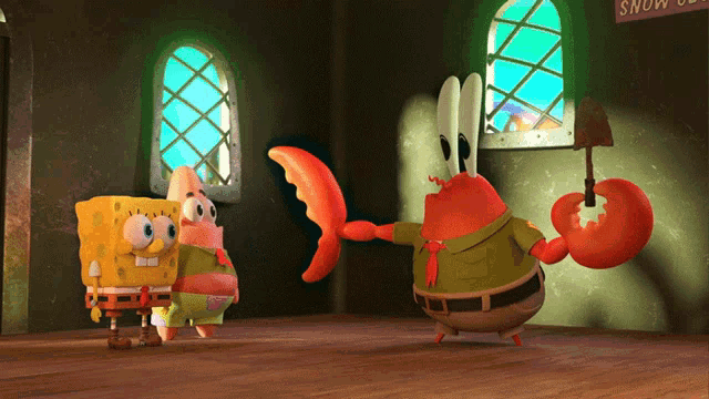 spongebob and patrick are standing in front of a sign that says snow monsters