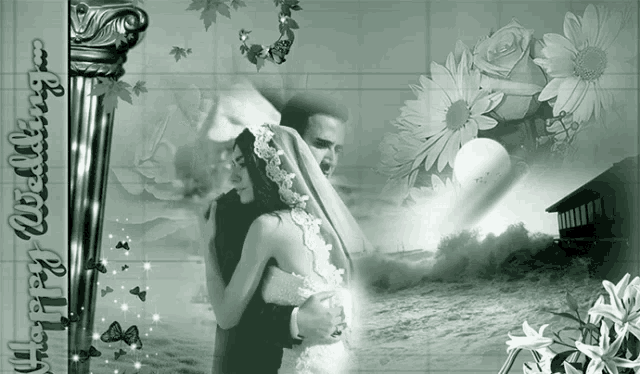 a black and white photo of a bride and groom with the words happy wedding written above them