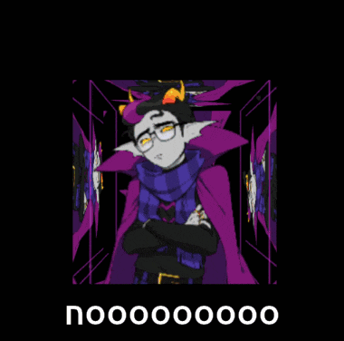 a purple and black cartoon character with the word nooo on the bottom right corner