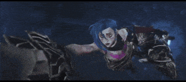 a woman with blue hair is flying through a tunnel with a machine .