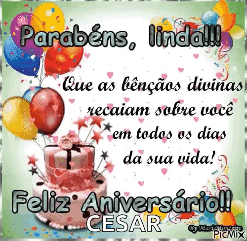 a birthday card with a cake and balloons says parabéns linda feliz aniversario cesar