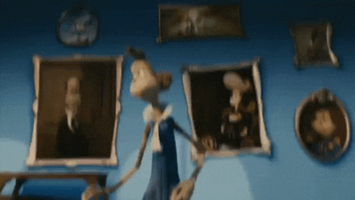 a cartoon character is standing in front of a wall full of pictures