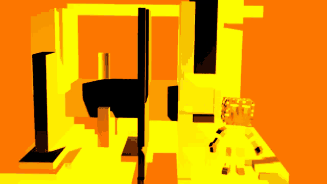 a computer generated image of a person standing in a room with a yellow background
