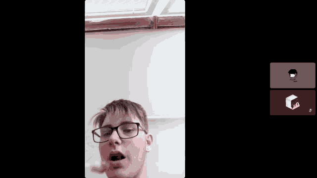 a man wearing glasses is brushing his teeth in a video call