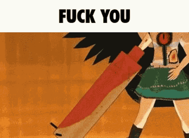 a cartoon of a woman holding a large sword with the words `` fuck you '' written above her .