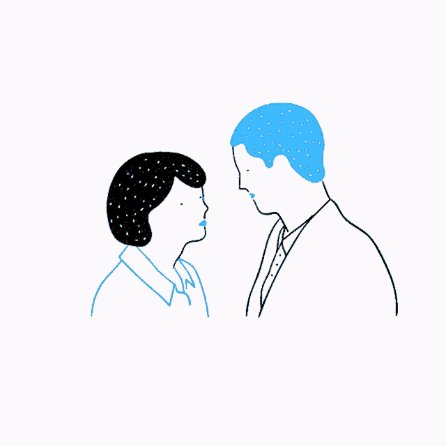 a drawing of a man and woman looking at each other with blue hair