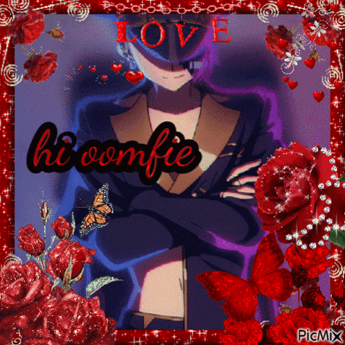 a picture of a man surrounded by red roses and butterflies with the words hi confie on the bottom