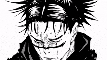 a black and white drawing of a man with red eyes and blood on his face .