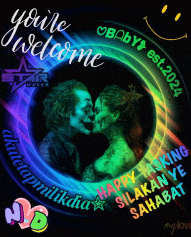 a poster that says you 're welcome with a joker and a woman