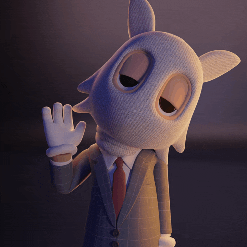 a cartoon character in a suit and tie with a white mask on his face