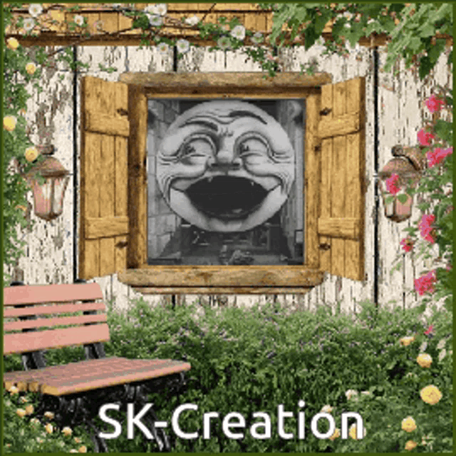 a picture of a laughing face in a window with the words sk-creation below