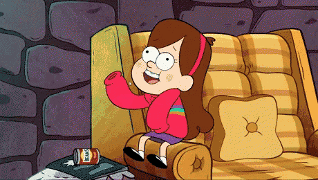 mabel from gravity falls sits on a couch with a can of beans on the floor