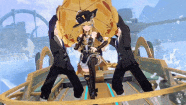 a girl in a hat is being lifted by a man in a suit