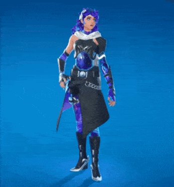 a girl with purple hair is holding a sword