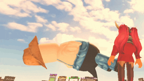 a cartoon drawing of a woman with red hair and horns standing next to a man laying on the ground