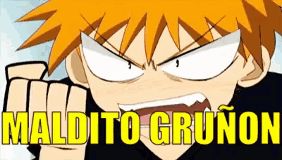 a cartoon character is pointing at the word maldito grunon in yellow letters