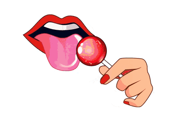 a woman licks a red lollipop with her tongue sticking out