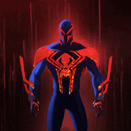 a pixel art of a spiderman with red and blue glowing arms