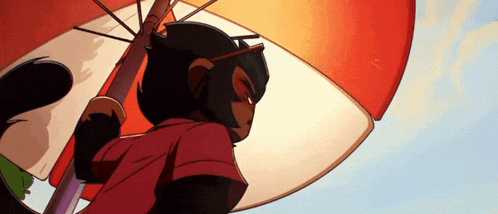 a cartoon character is flying through the air with an umbrella .