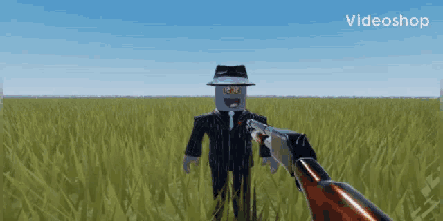 a video of a man in a suit and tie holding a shotgun in a field