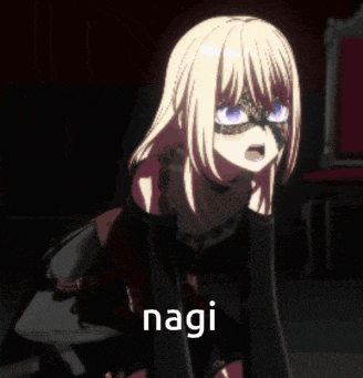 a blonde anime girl with a mask on her face is kneeling down with the word nagi above her