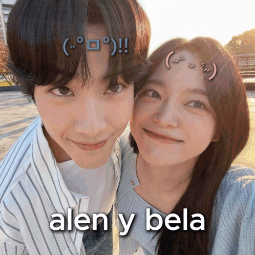 a man and a woman are posing for a picture with the words " alen y bela " on the bottom