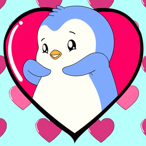 a penguin is in a heart surrounded by hearts