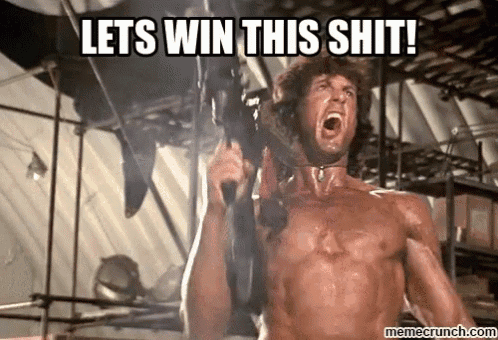a shirtless man is holding a gun with the words let 's win this shit .