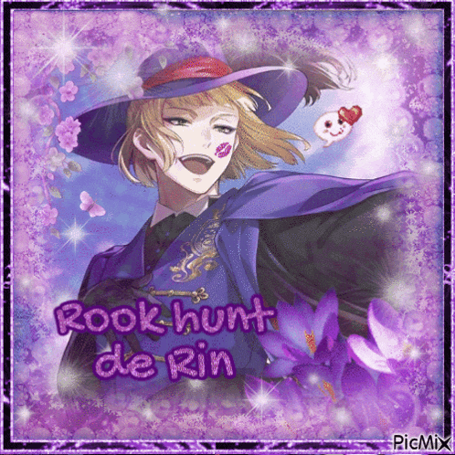 a picture of a man with purple flowers and the words " rook hunt de rin "