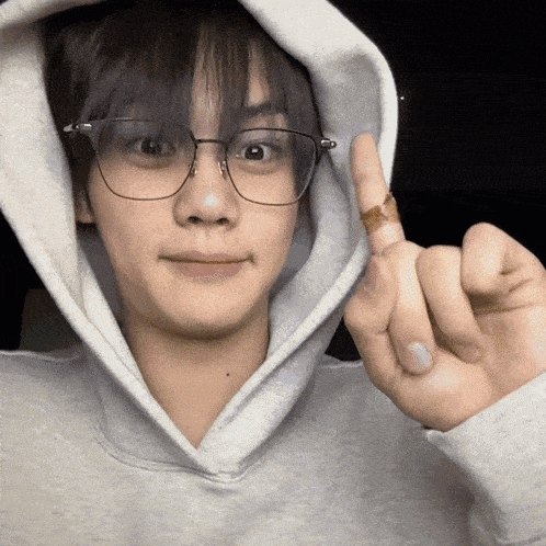a young man wearing glasses and a hooded sweatshirt shows his middle finger
